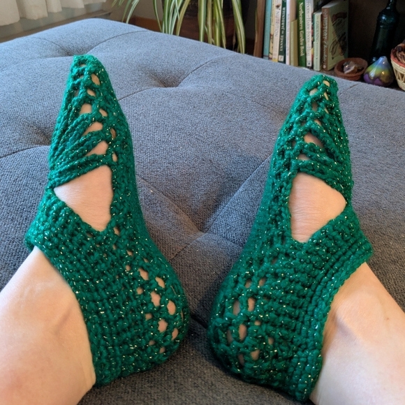 Handmade Knitted Acrylic Yarn Slipper Sandals Pantouffles Forest Green Silver - Picture 2 of 5